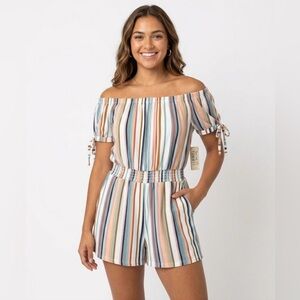 Derek Heart Vibrant Orange and GREEN short Romper with Vertical Stripes